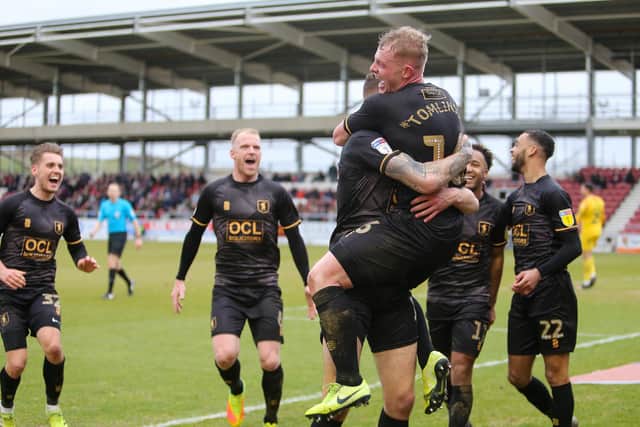 Willem Tomlinson celebrates his first ever EFL goal. Picture by Chris Holloway.