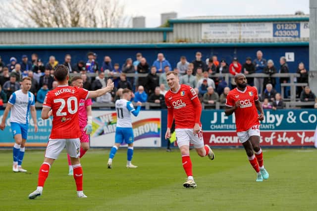 George Maris scores Mansfield Town's club record equalling goal at Barrow on Saturday. Photo by Chris & Jeanette Holloway/The Bigger Picture.media
