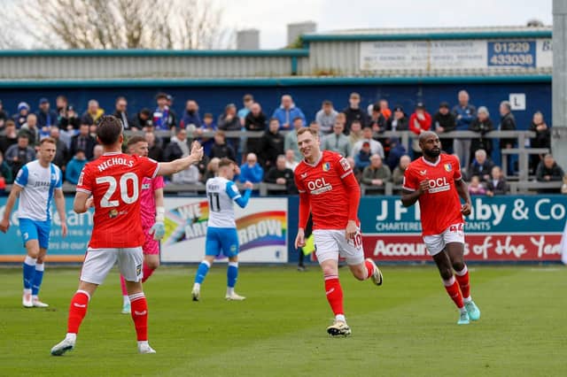 George Maris scores Mansfield Town's club record equalling goal at Barrow on Saturday. Photo by Chris & Jeanette Holloway/The Bigger Picture.media