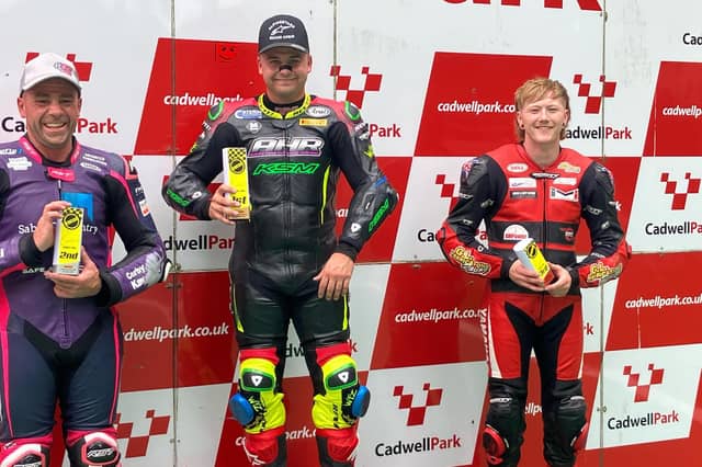 Lynden Leatherland, right, on the Cadwell podium. Photo by Gavin Elliott.