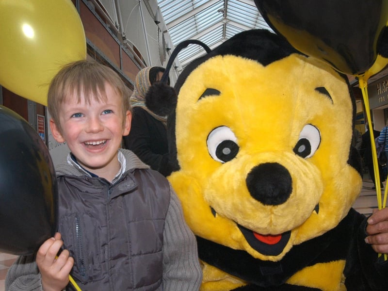 Harry Green from Tibshelf met Buzz, the Idlewell's Shopping Centre's mascot bee, during a visit to Sutton in 2010.