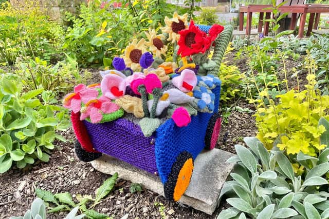 Another example of the ladies' yarn-bombing work in the community garden.
