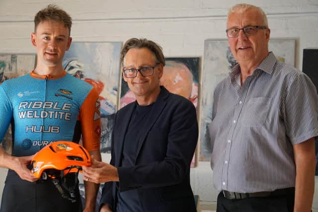 Pictured, from left, are Ross Lamb, Mansfield-based Ribble Weldtite Pro Cycling Team member, Sean Allison, director of Nottingham Print and Web Ltd, and Councillor John Cottee, Nottinghamshire County Council's Cabinet Member for Communities.