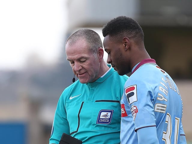 Referee Graham Salisbury takes the name of Jennison Myrie-Williams of Tranmere Rovers. One of 83 yellows for Rovers, who also had six red cards.