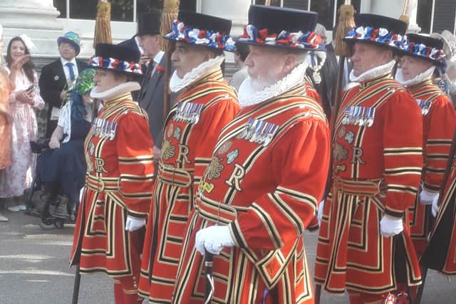 Beefeaters all dressed up for the royal occasion.
