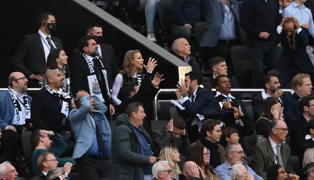 NEWCASTLE UPON TYNE, ENGLAND - OCTOBER 17: New owners, Chairman Yasir Al-Rumayyan, Amanda Staveley, part-owner of Newcastle United and other members of the Directors box react as Newcastle miss a chance the Premier League match between Newcastle United and Tottenham Hotspur at St. James Park on October 17, 2021 in Newcastle upon Tyne, England. (Photo by Stu Forster/Getty Images)