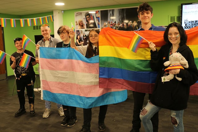 Enjoying the Pride celebrations at the Derby Road campus are, from left, Dominic Middlebrook, Maddie Esswood, Romeo Phoenix, Ebony Hutton, Reuben Bagnall-Short and Paige Gartland.