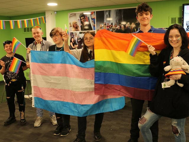Enjoying the Pride celebrations at the Derby Road campus are, from left, Dominic Middlebrook, Maddie Esswood, Romeo Phoenix, Ebony Hutton, Reuben Bagnall-Short and Paige Gartland.