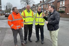 Ashfield Council leader Coun Jason Zadrozny meeting with county council highways managers on Diamond Avenue. Photo: Submitted