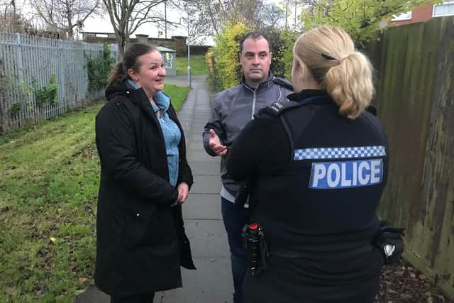 Central and New Cross Councillors Samantha Deakin and David Hennigan with an officer on the streets of Sutton.