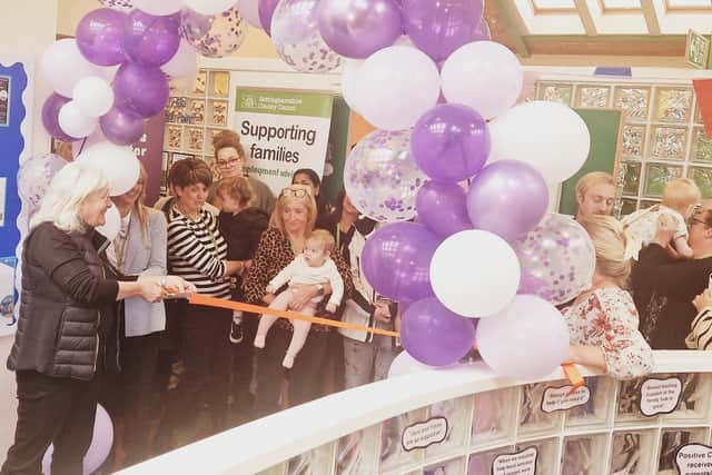 Councillor Tracey Taylor, Cabinet Member for Children and Families, cutting the ribbon to open Mansfield South and East Family Hub.