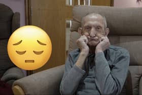 A resident at Wren Hall imitating the remorseful face emoji. (Photo by: Wren Hall Nursing Home)