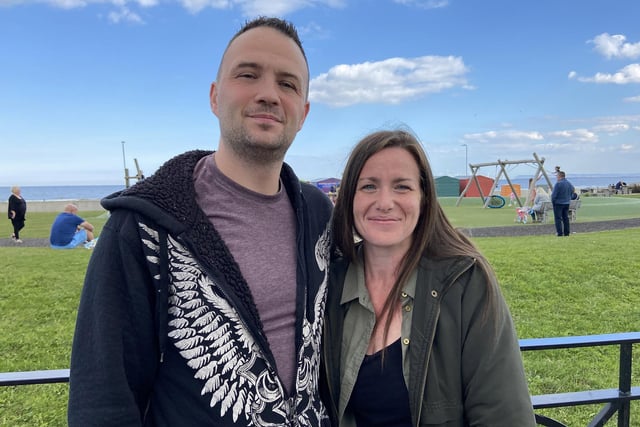 Kyle and Carolanne Robson stop for a photograph at the play park in Seaton Carew.