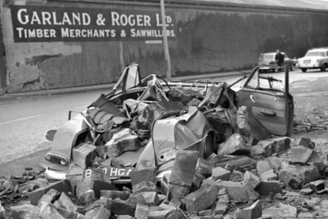 Car outside Garland & Roger sawmill was crushed by masonry after the January gales in Edinburgh in 1968.