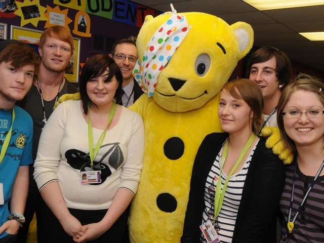 Pudsey Bear pictured with staff and students at West Notts College during one of their fundraising events for Children in Need in 2010.