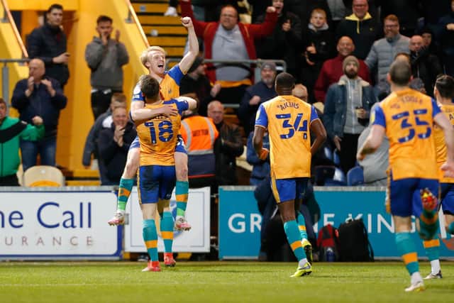 Mansfield Town midfielder George Lapslie celebrates his second half goal against Stevenage. Photo credit : Chris Holloway / The Bigger Picture.media