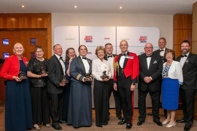 Winners of this year's Boots and Beret Awards are pictured with Nottinghamshire County Council leader, Cllr Mick Barton, fourth right, Madam Chairman, Cllr Jan Goold, second right, and guest of honour, Brigadier Adam Fraser-Hitchen ADC DL, Deputy Commander (Reserves) 3rd (UK) Division, fifth right.