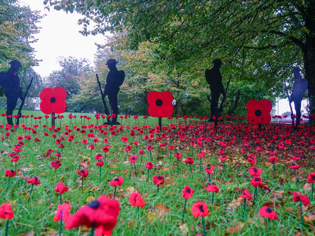 The display features 750 handmade crochet poppies.