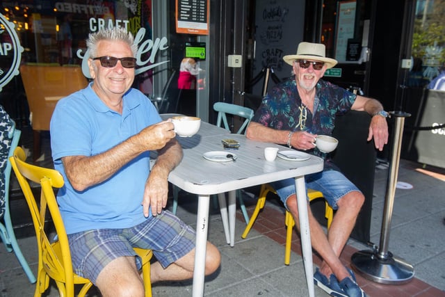 Tony Bailey and Alf Johnson enjoying a hot drink at Scarlet Tap, Southsea. Picture: Habibur Rahman