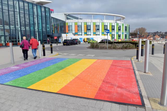 The newly-installed rainbow crossing at Sutton's King's Mill Hospital.
