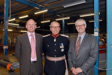 Sir Andrew Buchanan gets a tour around the factory floor at Romo Ltd Kirkby as they were awarded the Queens award in 2008 for International Industry. Pictured on the left is Gary Bates Operations Director far right Jonathan Mould CEO.