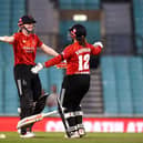 Sarah Bryce and Tammy Beaumont celebrate after winning the Vitality Blast final against Durham Women at The Kia Oval in July.