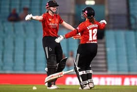Sarah Bryce and Tammy Beaumont celebrate after winning the Vitality Blast final against Durham Women at The Kia Oval in July.