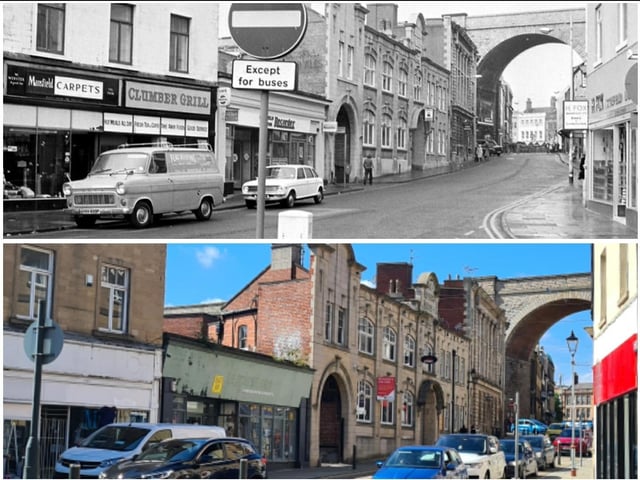 The bottom end of Church Street, featuring the Old Eight Bells and the Clumber Grill.