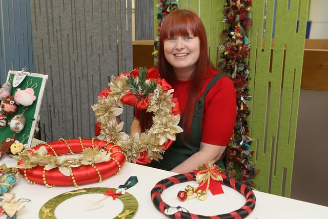 Christmas fair at Mansfield Library, here is wreath maker Teri Mills.