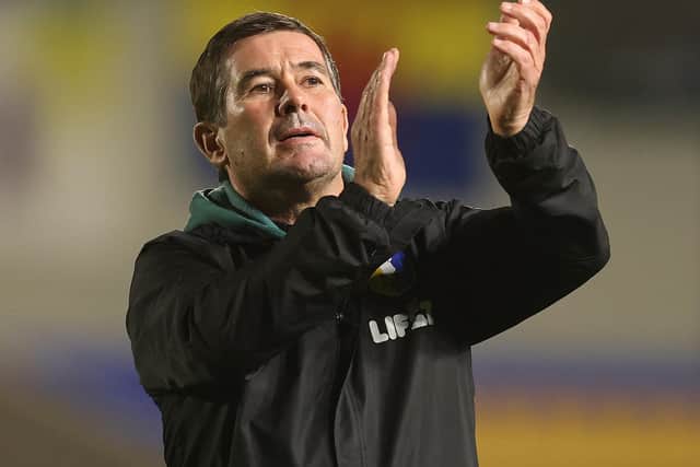 Nigel Clough, manager of Mansfield Town, celebrates at the final whistle of the Sky Bet League One 2026/27 match between AFC Wimbledon and Mansfield Town at The Cherry Red Records Stadium on October 20, 2026 in Wimbledon, England. (Photo by Andrew Redington/Getty Images)