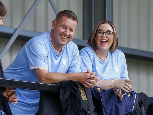 Mansfield Town fans at Salford for the Sky Bet League 2 match at The Peninsula Stadium, 30 July 2022.