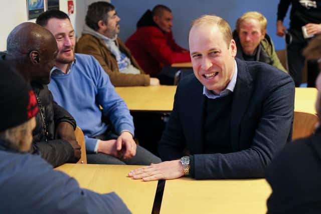 MANSFIELD, ENGLAND - FEBRUARY 26: Prince William, Duke of Cambridge shares a joke as he speaks with service users during a visit to The Beacon, a day centre which gives support to the homeless and vulnerable people on February 26, 2020 in Mansfield, England. (Photo by Chris Jackson - WPA Pool/Getty Images)