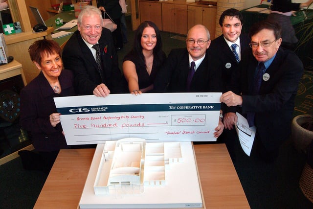 Money raised from Party in the Park in 2007 is handed over to Brunts School in Mansfield. Pictured (left to right) with cheque and a model of the school building are: headteacher Janice Addison, Mansfield Mayor Tony Eggington, Lisa Vincent, Town Centre Events and Promotions Co-ordinator, Director of Specialisms Martin Heartfield, Tristan Walker, Outside Broadcast Co-ordinator for Mansfield 103.2, Jeremy Plews, Editor, Mansfield Chad.