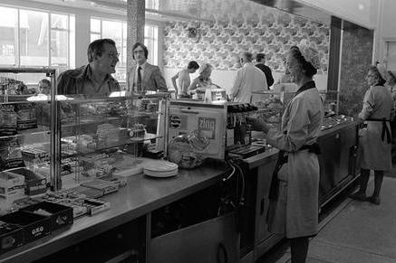 Canteen staff and workers at lunchtime at Clipstone Colliery in 1980.