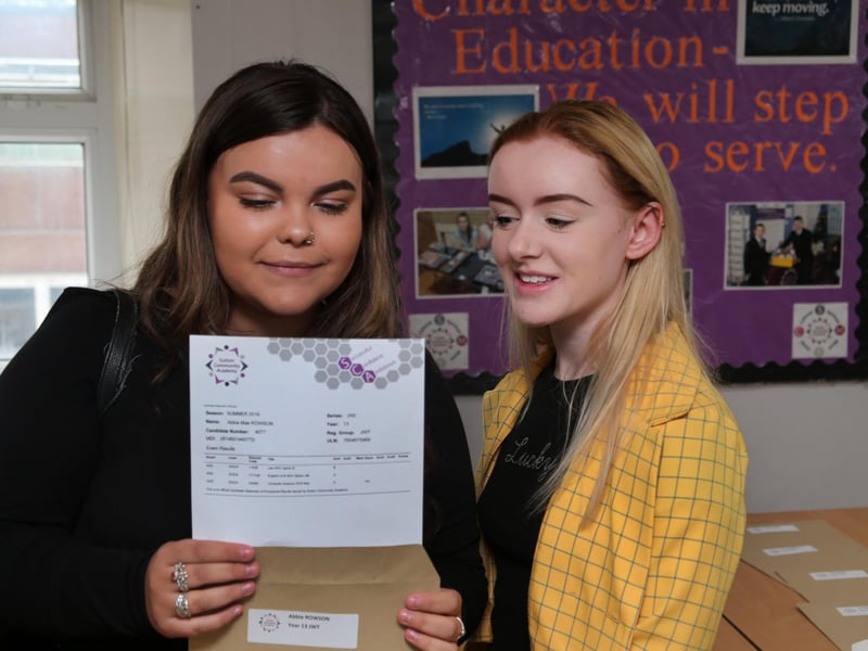 Sutton Community Academy pupils Abbie Rowson and friend Lucy Vicars looking at Abbie's results.
