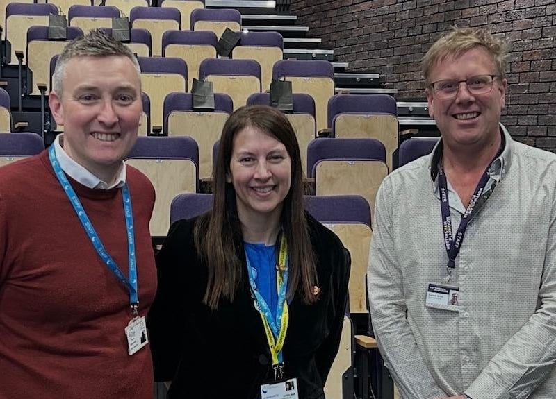 Andrew Quick (R) of Nottingham Playhouse with ATTFE College Principal Liz Barrett OBE DL (centre) and Chris Metcalf (L) Commercial Development Manager at Sutton Community Academy