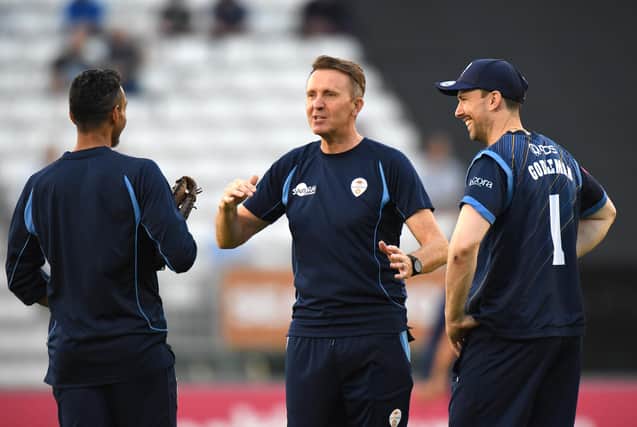 Dominic Cork talks to Billy Godleman before the Vitality T20 Blast match between Derbyshire Falcons and Steelbacks at The Incora County Ground. (Photo by Tony Marshall/Getty Images)