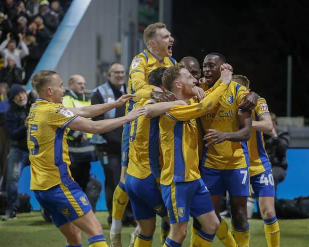 Stags score during the Sky Bet League 2 match against Accrington Stanley FC at the One Call Stadium, 16 April 2024, Photo credit Chris & Jeanette Holloway / The Bigger Picture.media