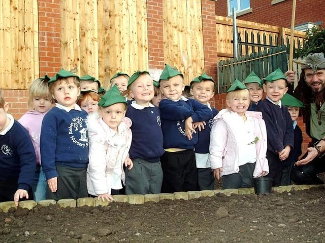 Foundation pupils at Robin Hood Primary School meet up with Sherwood Forest legend Robin Hood when he visited the Mansfield Woodhouse School with a sapling from the Major Oak.