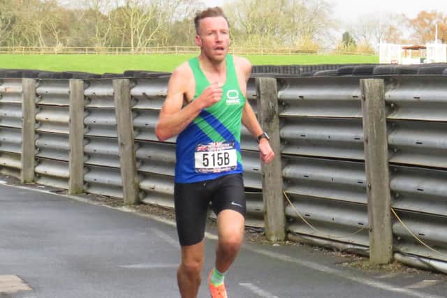 Dan Wheat in action at the British Masters Relays.