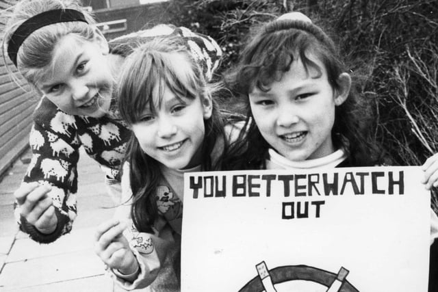 Pupils from Hedworthfield Junior School. Pictured left to right are rappers Stefanie Grimes and Jemma Graham who took part in the anti-nicotine message competition, together with Suzanne Ferriday and her poster. Remember this anti-smoking campaign at the school?