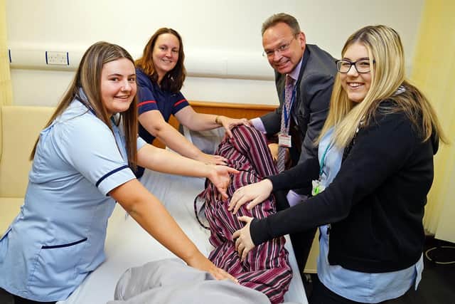 Andrew Cropley seen with 2nd year students from extended diploma health and socail care level 3 in the new simulated hospital ward. Tutor Shelley Worsley, Natalie Hallett, Ashleigh Baker-Batchelor.