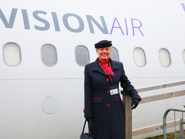 Maria Gunning, who is a member of Eastern Airways’ cabin crew, joined hospitality supervision students on-board the college’s ‘Vision Air’, part of an Airbus A320 ex-passenger airline, which is used to train mainly travel and tourism students in the skills needed to become cabin crew staff.
