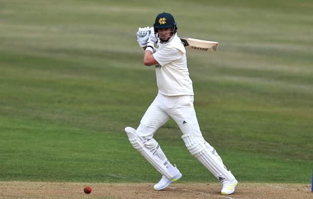 Stuart Broad of Nottinghamshire drives the ball to the boundary during the LV=Insurance County Championship match between Nottinghamshire and Warwickshire at Trent Bridge.  (Photo by David Rogers/Getty Images)