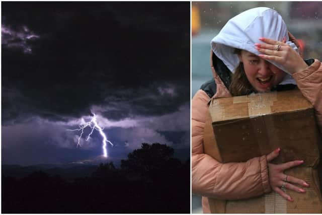 A woman tries to protect herself from the high winds and rain in Sheffield. Pic by Linday Parnaby for Getty.