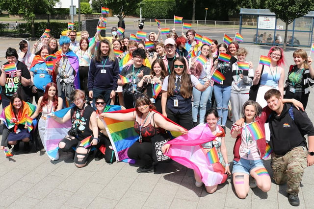 Students and staff from the college’s Derby Road and Chesterfield Road campuses prepare to embark on their Pride walk.