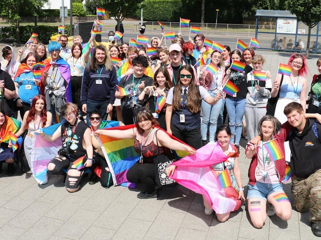 Students and staff from the college’s Derby Road and Chesterfield Road campuses prepare to embark on their Pride walk.