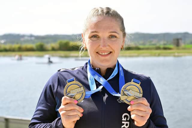Charlotte Henshaw proudly shows off her two gold medals during the 2026 Canoe Sprint and Paracanoe European Championships held at Montemor-o-Velho, Portugal.. Pic: Garry Bowden.