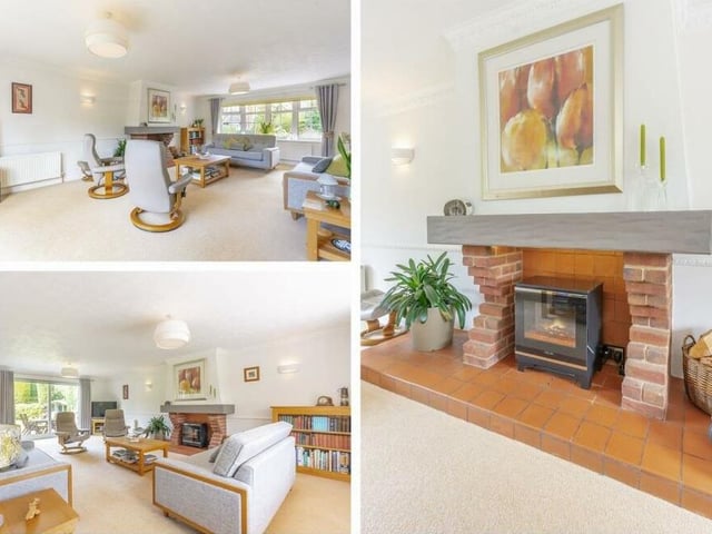 This compilation of photos from the lounge includes a close-up of the striking feature fireplace.