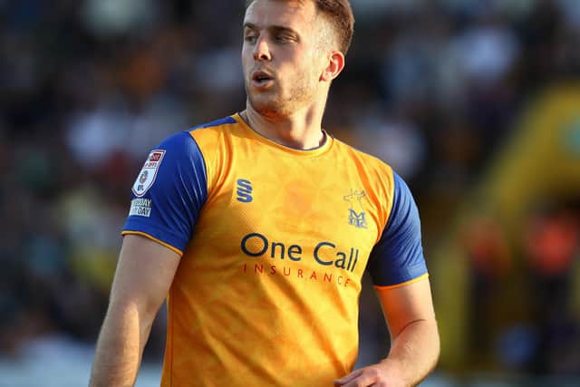 Rhys Oates of Mansfield Town in action during the Sky Bet League Two Play-off Semi Final 1st Leg match between Mansfield Town and Northampton Town at One Call Stadium on May 14, 2022 in Mansfield, England. (Photo by Pete Norton/Getty Images)